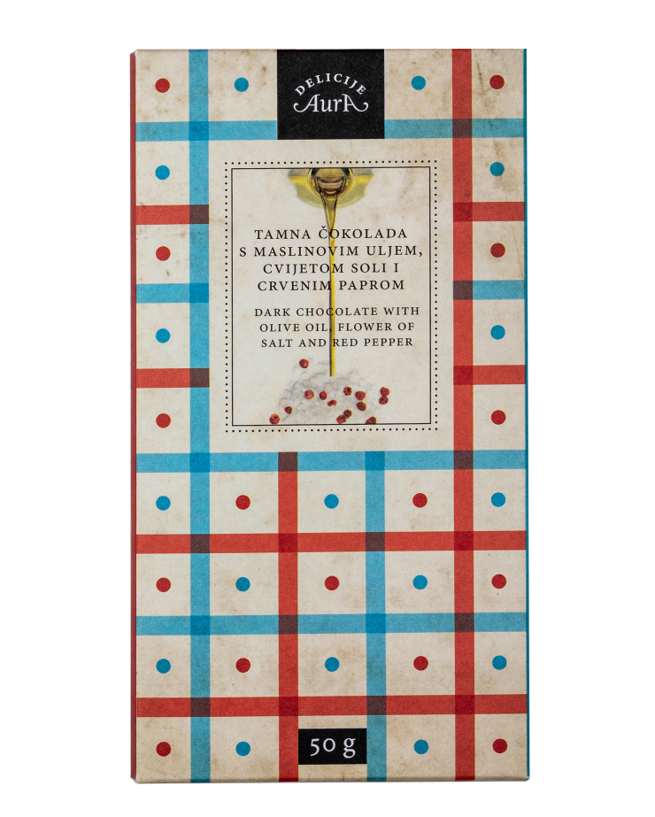 Dunkle Schokolade mit Olivenöl, Salzblume und rotem Pfeffer 50g  - Aura