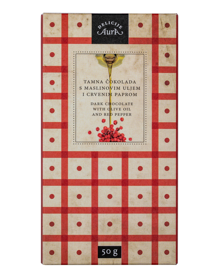 Cioccolato fondente all'olio d'oliva e pepe rosso 50g  - Aura