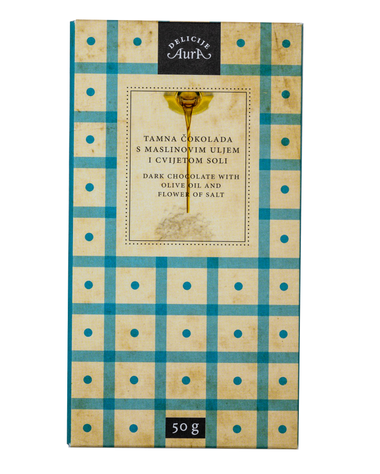 Dark chocolate with Extra Virgin Olive Oil and Flower of Salt 50g  - Aura
