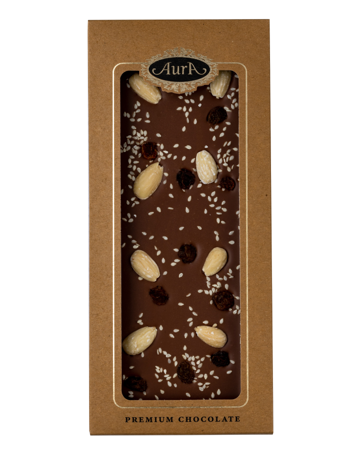 Cioccolato al latte mix di uva passa, mandorle e sesamo 120g  - Aura